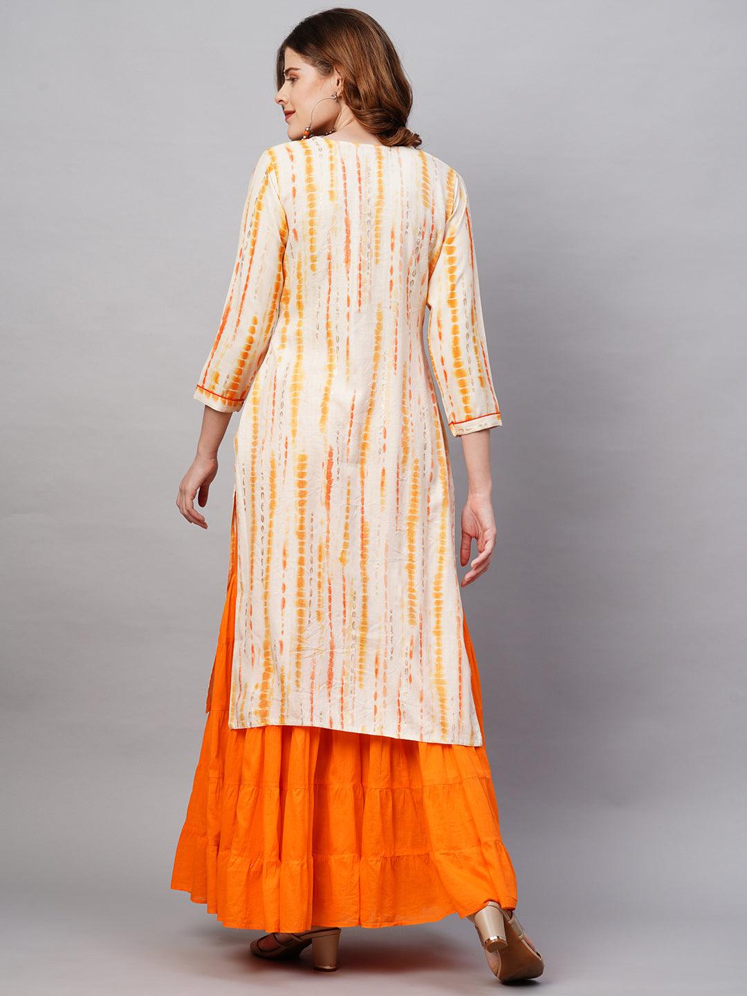 Ethnic Tie-Dye Printed Straight Fit Kurta - Pale Yellow - Indiakreations