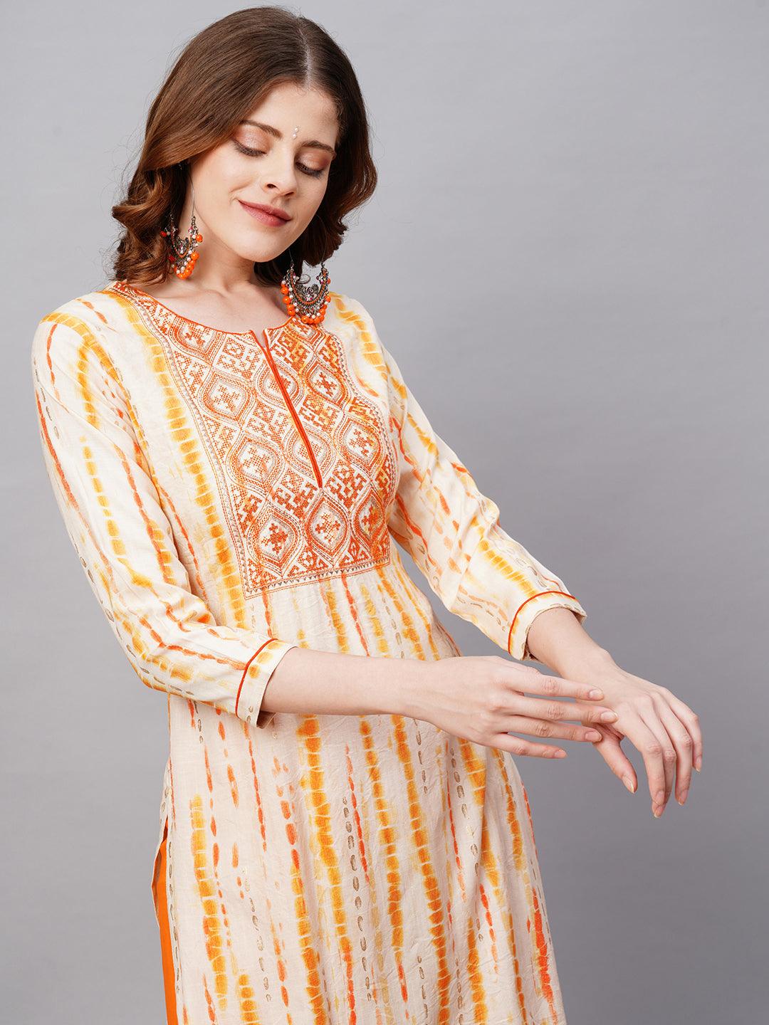 Ethnic Tie-Dye Printed Straight Fit Kurta - Pale Yellow - Indiakreations