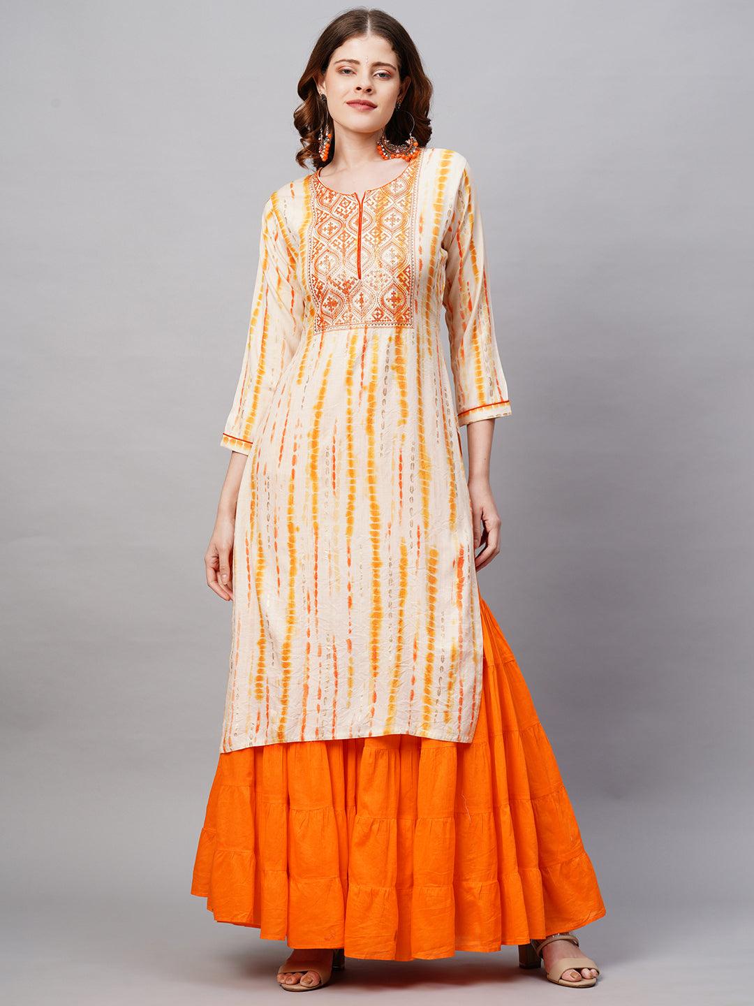 Ethnic Tie-Dye Printed Straight Fit Kurta - Pale Yellow - Indiakreations