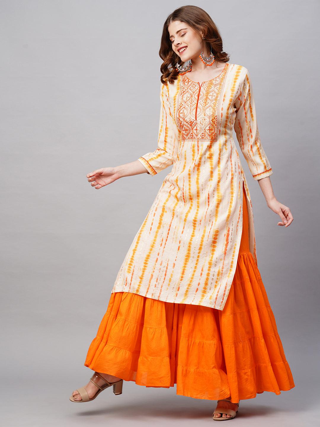 Ethnic Tie-Dye Printed Straight Fit Kurta - Pale Yellow - Indiakreations