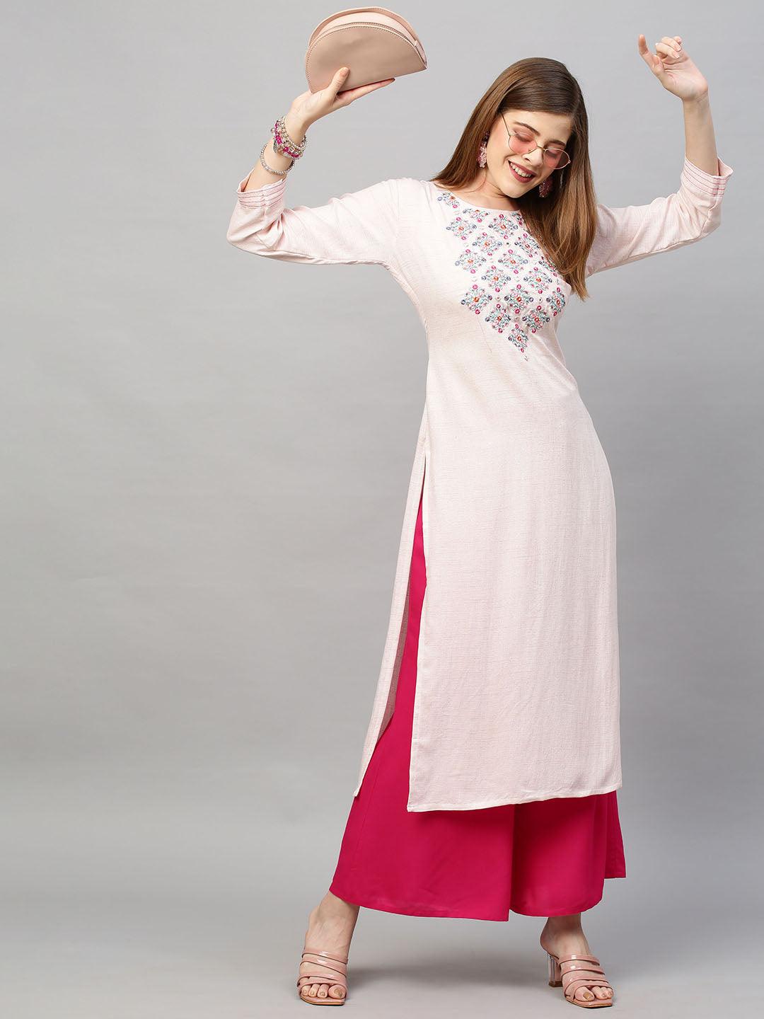 Floral & Mirror Embroidered Straight Fit Kurta - Light Pink - Indiakreations