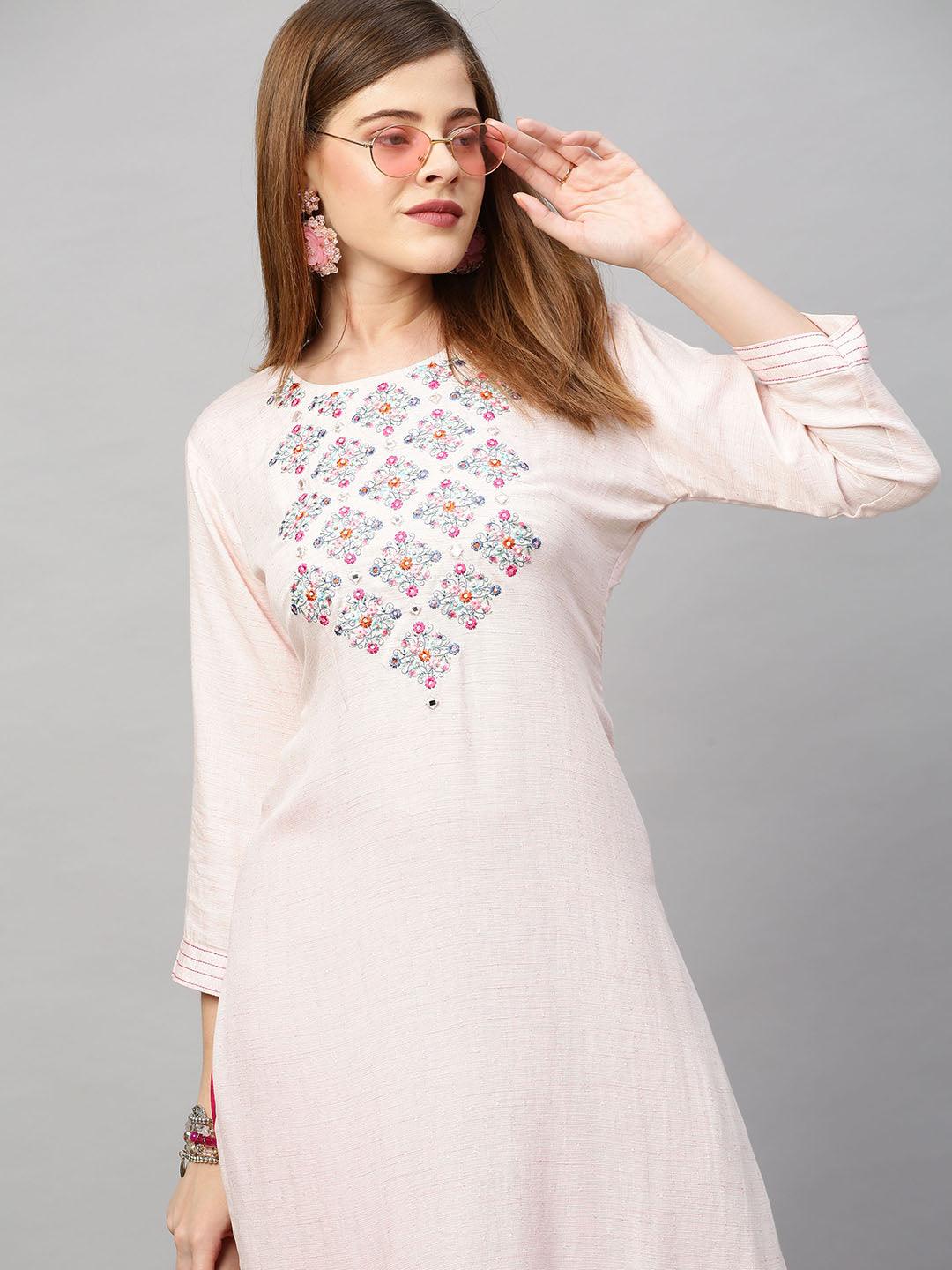 Floral & Mirror Embroidered Straight Fit Kurta - Light Pink - Indiakreations