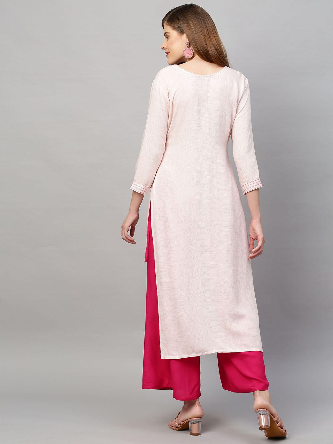 Floral & Mirror Embroidered Straight Fit Kurta - Light Pink - Indiakreations