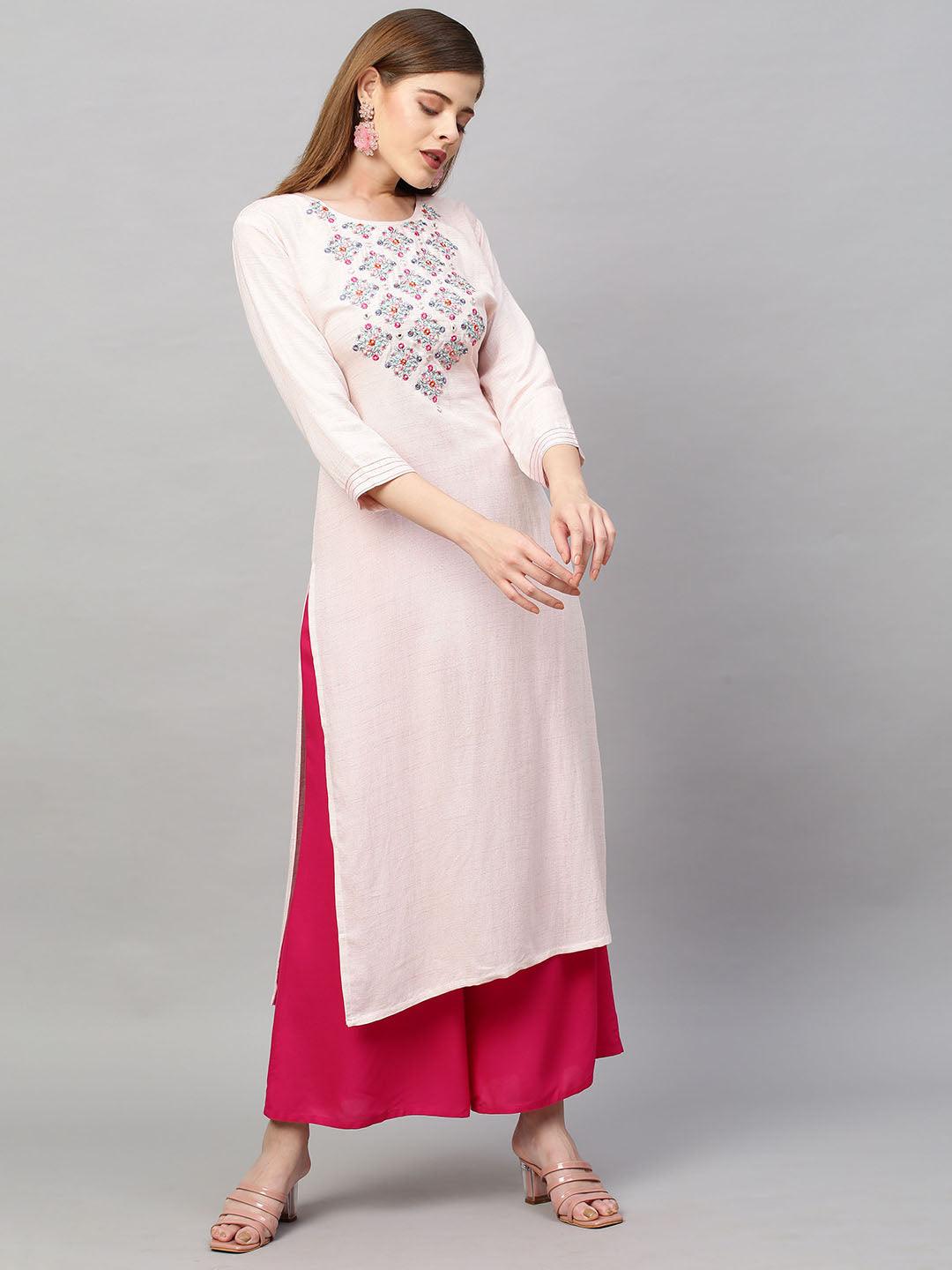 Floral & Mirror Embroidered Straight Fit Kurta - Light Pink - Indiakreations