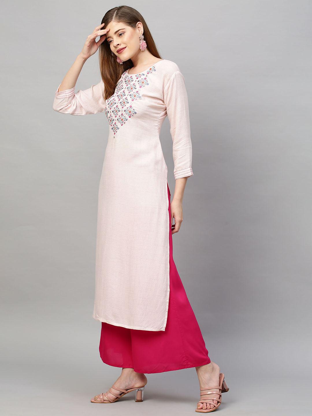 Floral & Mirror Embroidered Straight Fit Kurta - Light Pink - Indiakreations