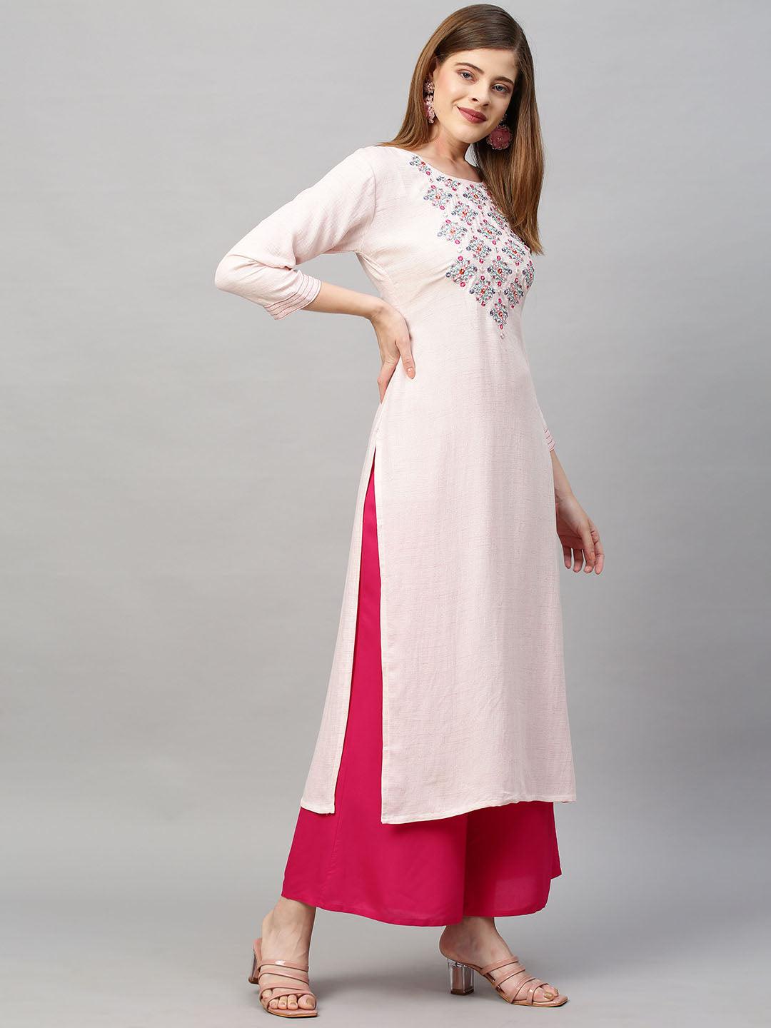 Floral & Mirror Embroidered Straight Fit Kurta - Light Pink - Indiakreations