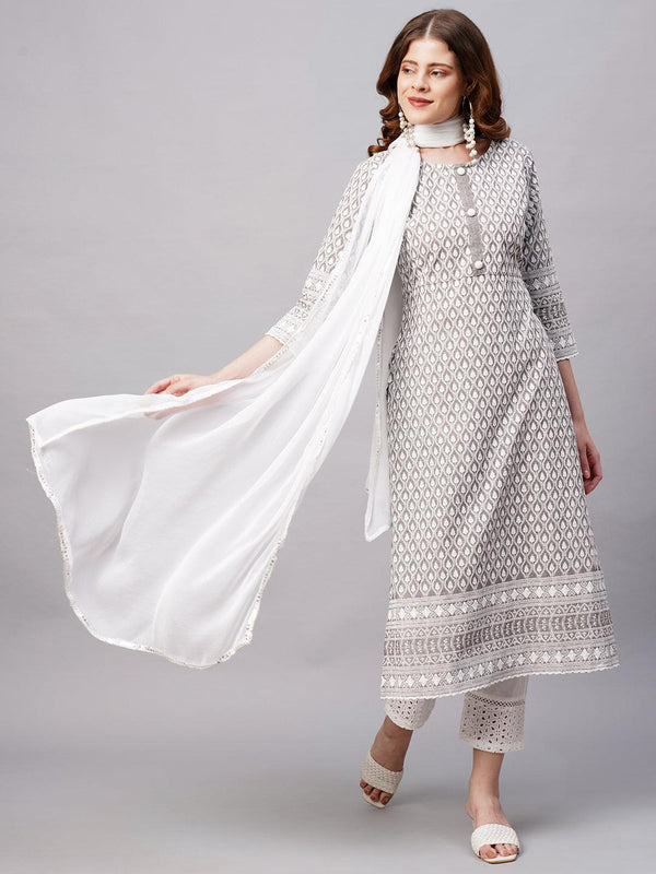 Ethnic Chikankari Embroidered Kurta with Pants and Dupatta - Charcoal Gray - Indiakreations