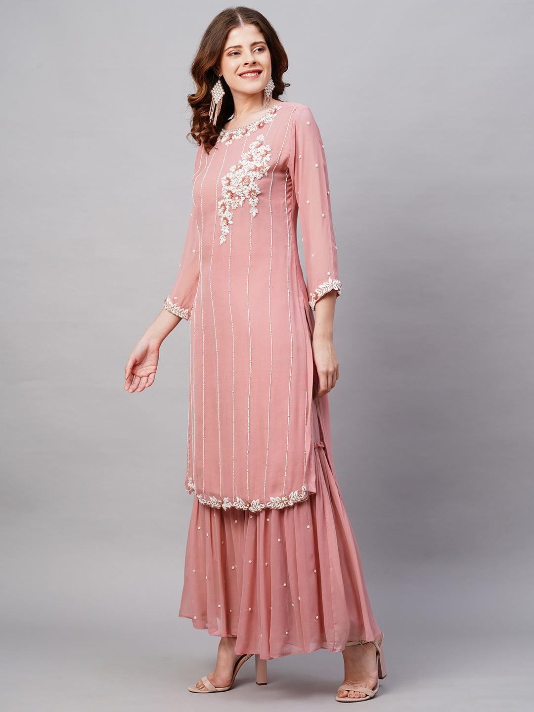 Floral Hand Embroidered Straight Fit Kurta with Sharara & Dupatta - Pink - Indiakreations