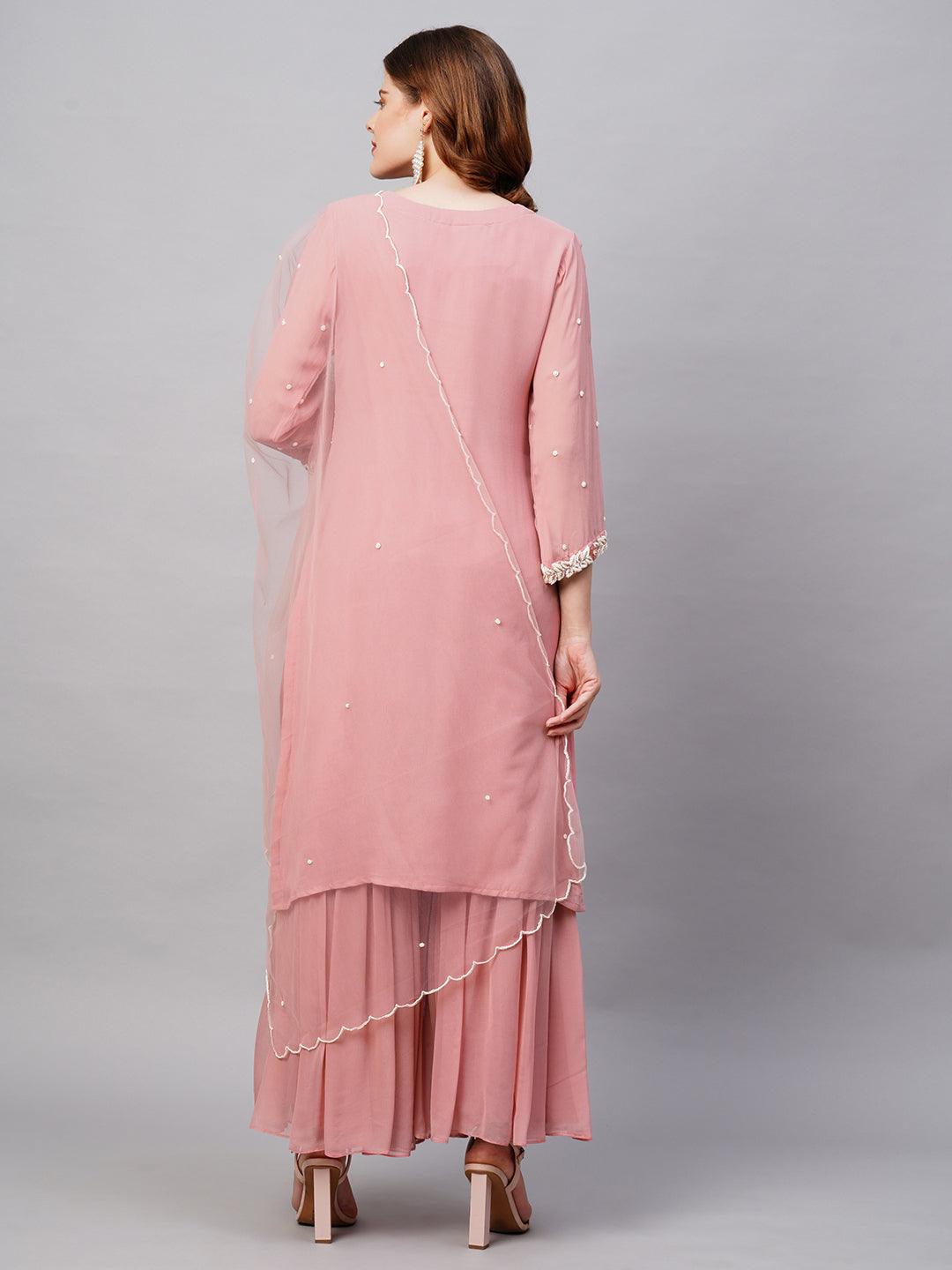 Floral Hand Embroidered Straight Fit Kurta with Sharara & Dupatta - Pink - Indiakreations