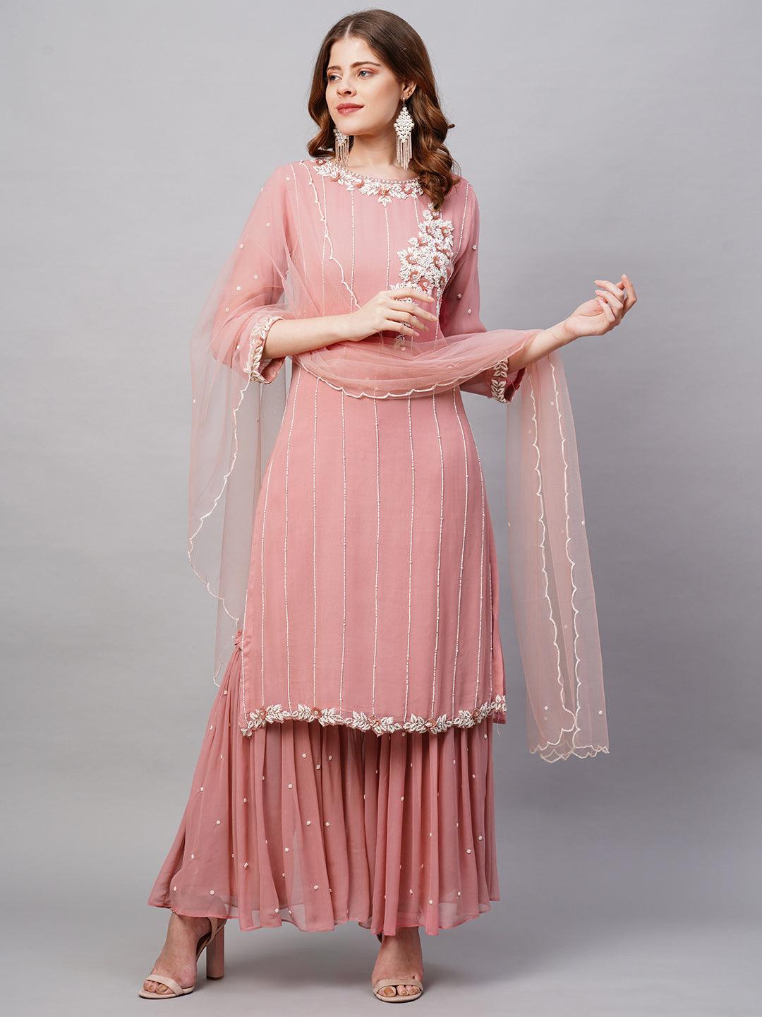 Floral Hand Embroidered Straight Fit Kurta with Sharara & Dupatta - Pink - Indiakreations