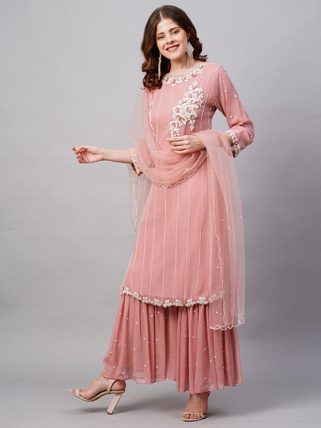 Floral Hand Embroidered Straight Fit Kurta with Sharara & Dupatta - Pink - Indiakreations