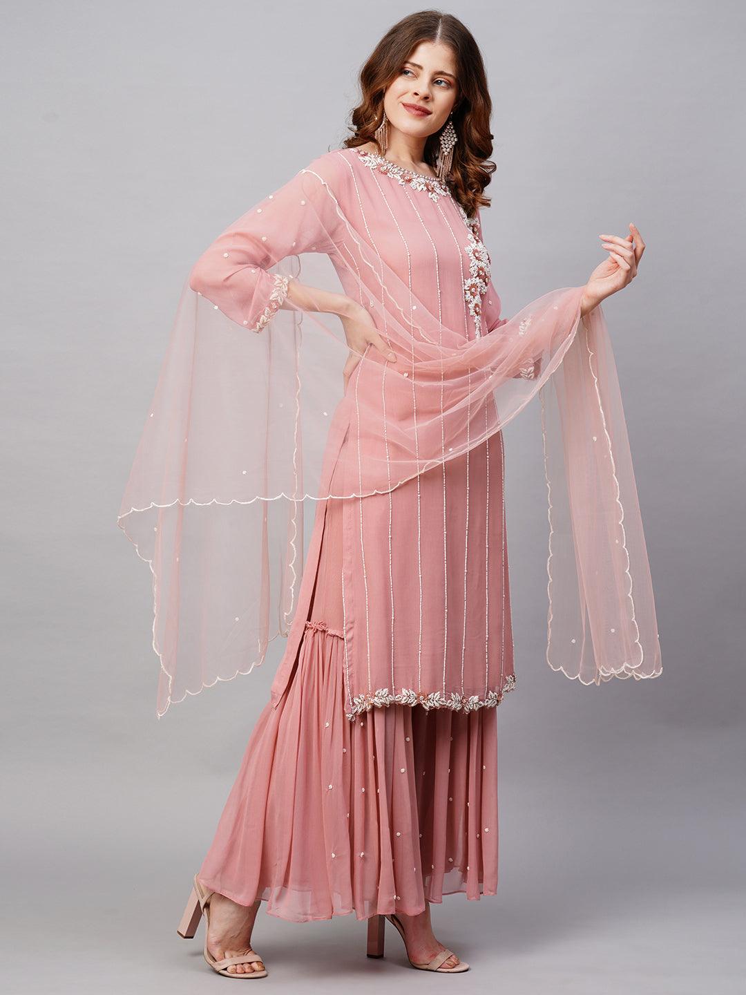 Floral Hand Embroidered Straight Fit Kurta with Sharara & Dupatta - Pink - Indiakreations