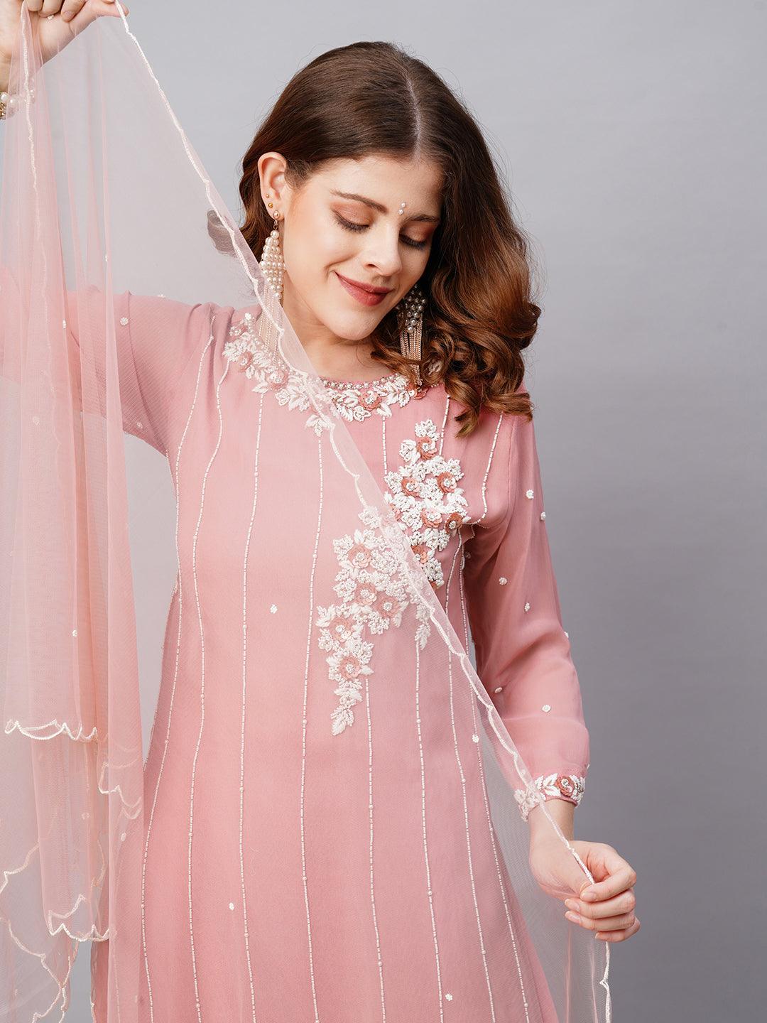 Floral Hand Embroidered Straight Fit Kurta with Sharara & Dupatta - Pink - Indiakreations