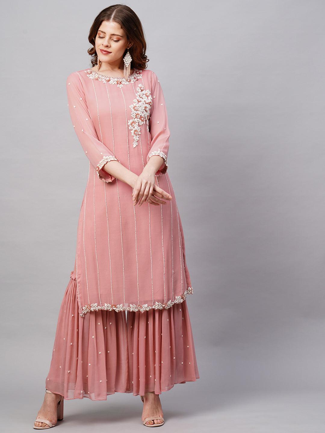 Floral Hand Embroidered Straight Fit Kurta with Sharara & Dupatta - Pink - Indiakreations