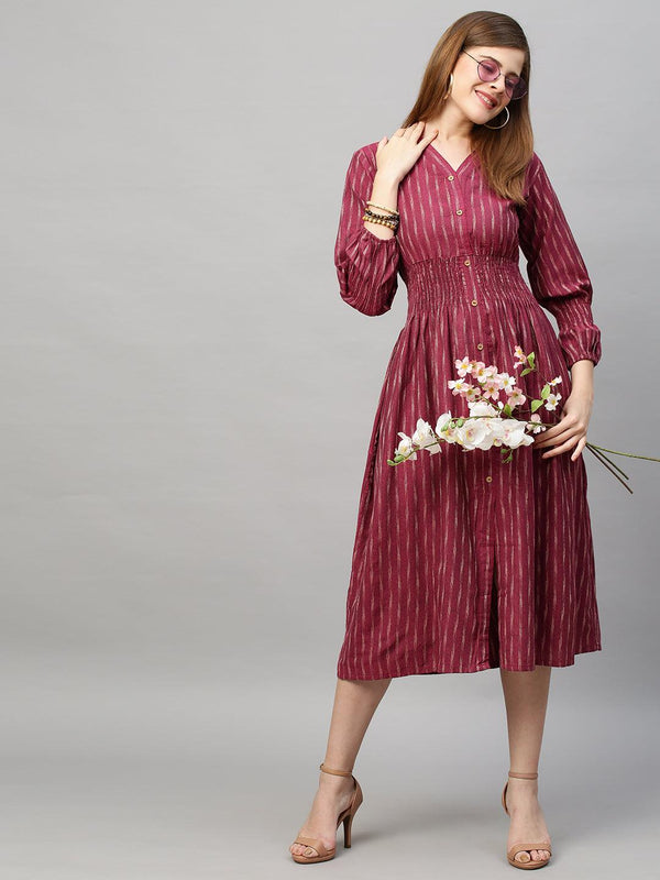 Woven Stripes A-Line Midi Dress - Light Wine - Indiakreations