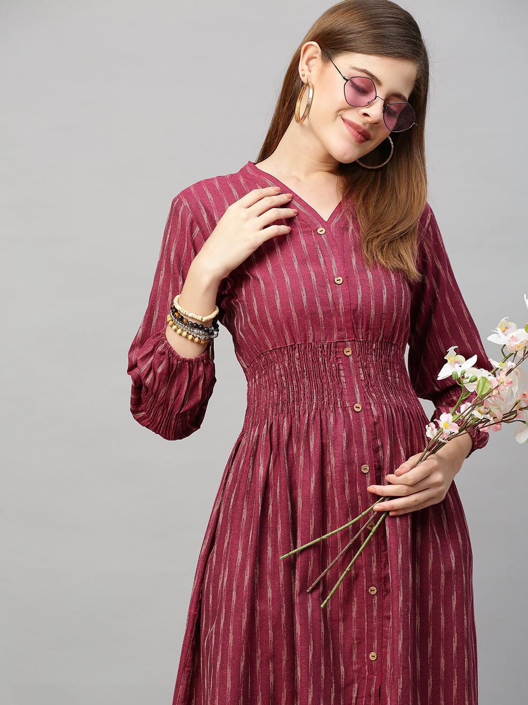 Woven Stripes A-Line Midi Dress - Light Wine - Indiakreations