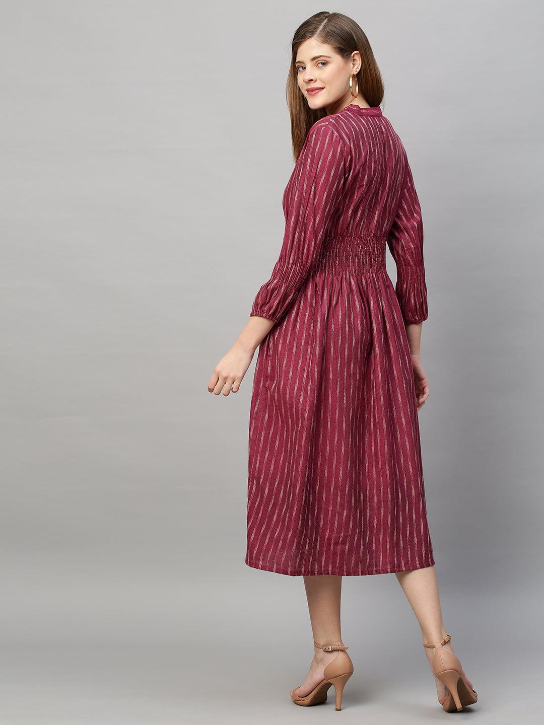 Woven Stripes A-Line Midi Dress - Light Wine - Indiakreations