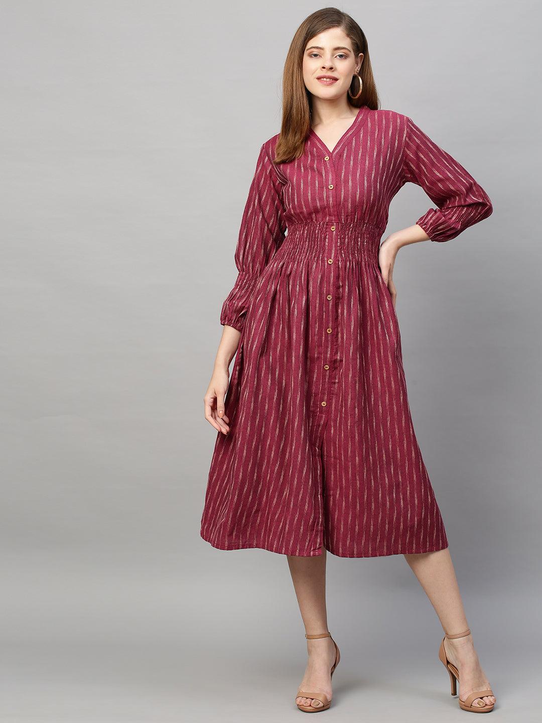 Woven Stripes A-Line Midi Dress - Light Wine - Indiakreations