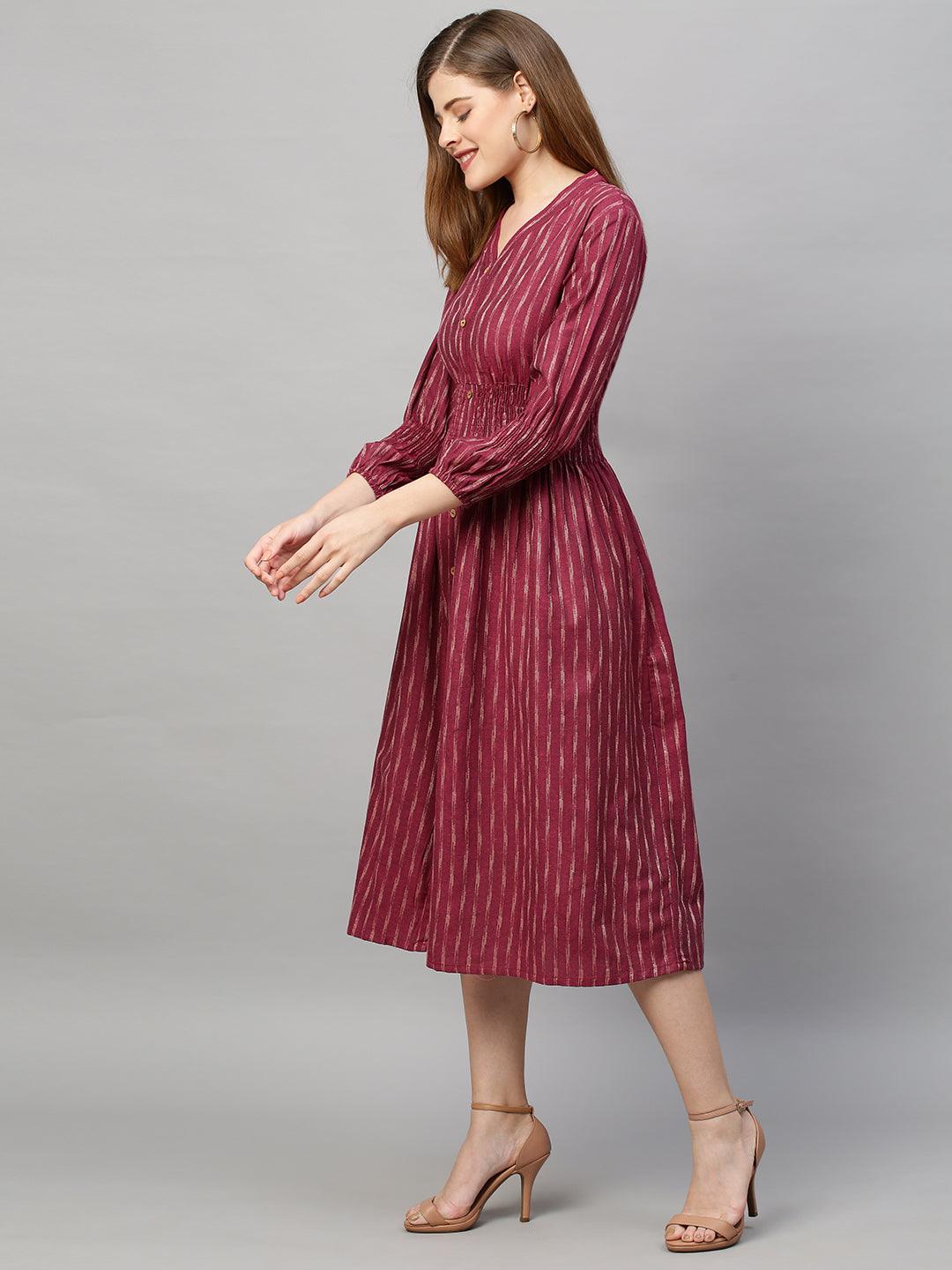 Woven Stripes A-Line Midi Dress - Light Wine - Indiakreations