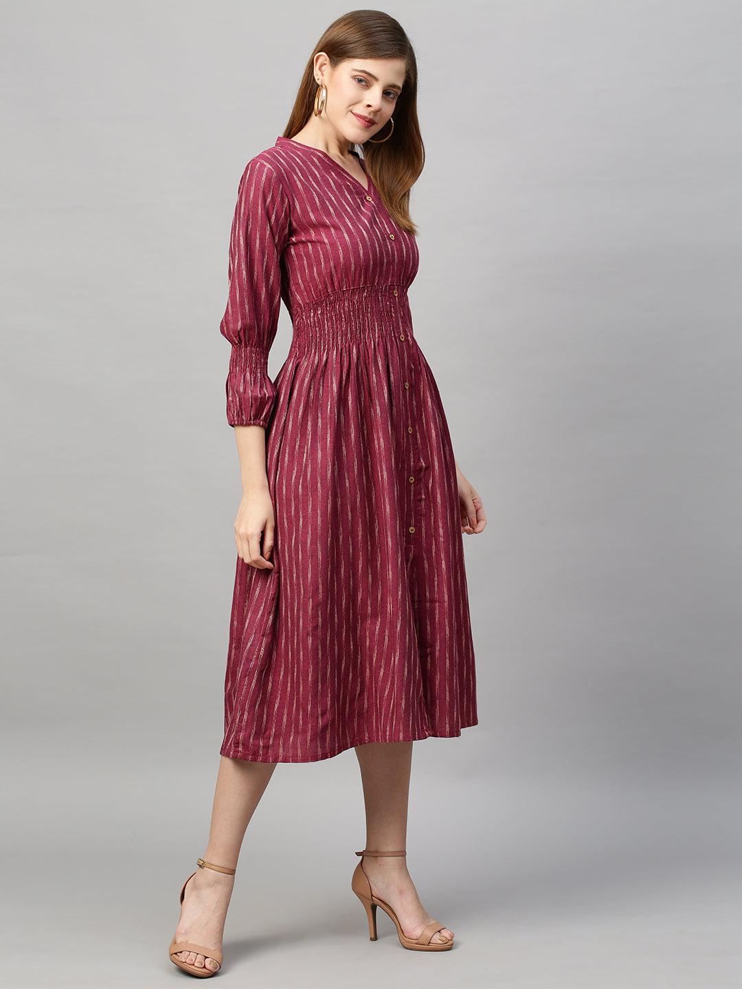 Woven Stripes A-Line Midi Dress - Light Wine - Indiakreations