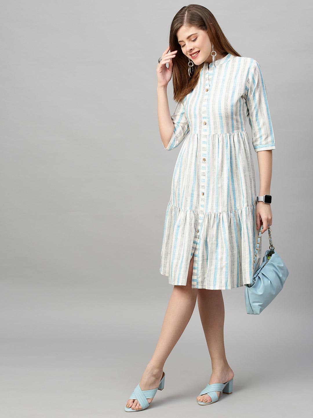 Woven Multi Stripes Tiered Midi Dress - Off White - Indiakreations