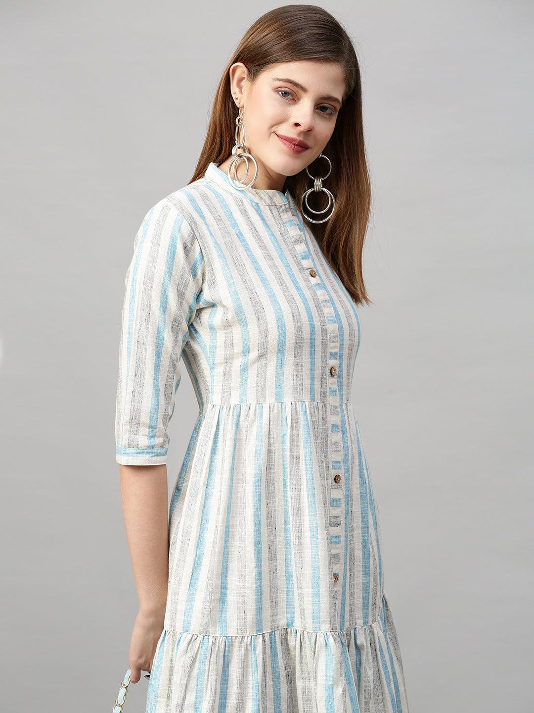 Woven Multi Stripes Tiered Midi Dress - Off White - Indiakreations