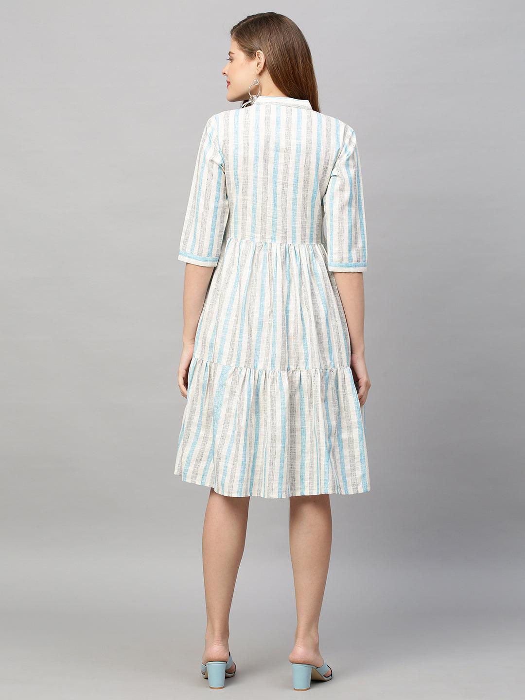 Woven Multi Stripes Tiered Midi Dress - Off White - Indiakreations