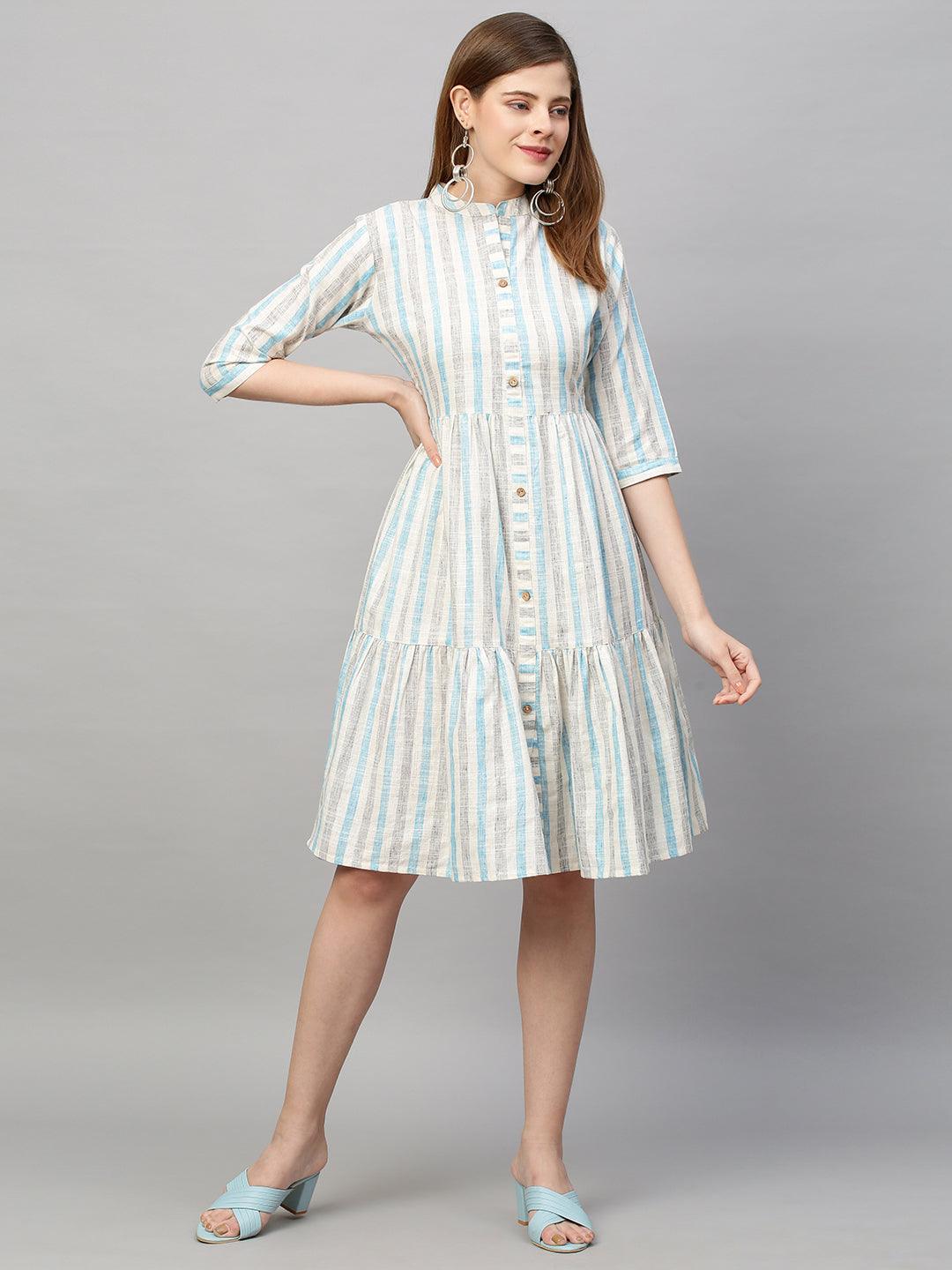 Woven Multi Stripes Tiered Midi Dress - Off White - Indiakreations