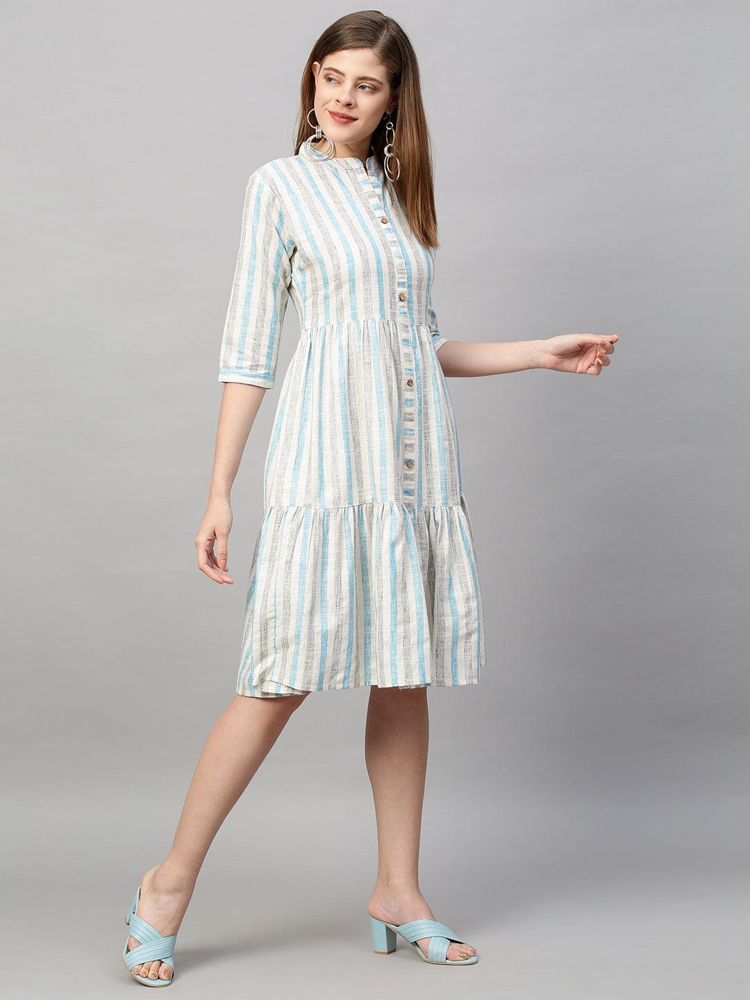 Woven Multi Stripes Tiered Midi Dress - Off White - Indiakreations