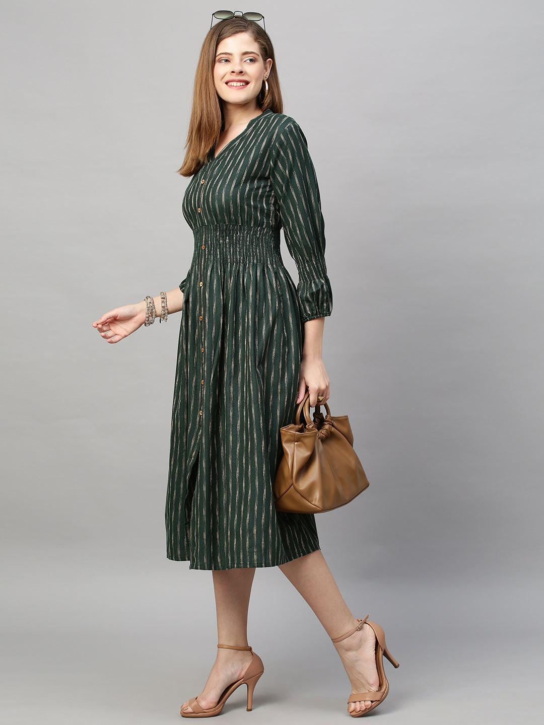 Woven Stripes A-Line Midi Dress - Dark Green - Indiakreations