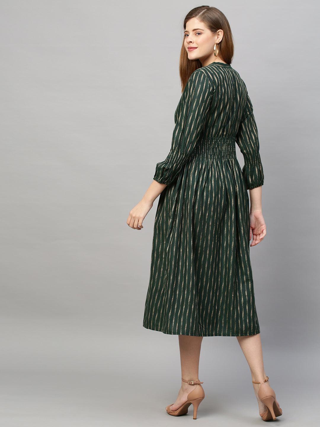 Woven Stripes A-Line Midi Dress - Dark Green - Indiakreations