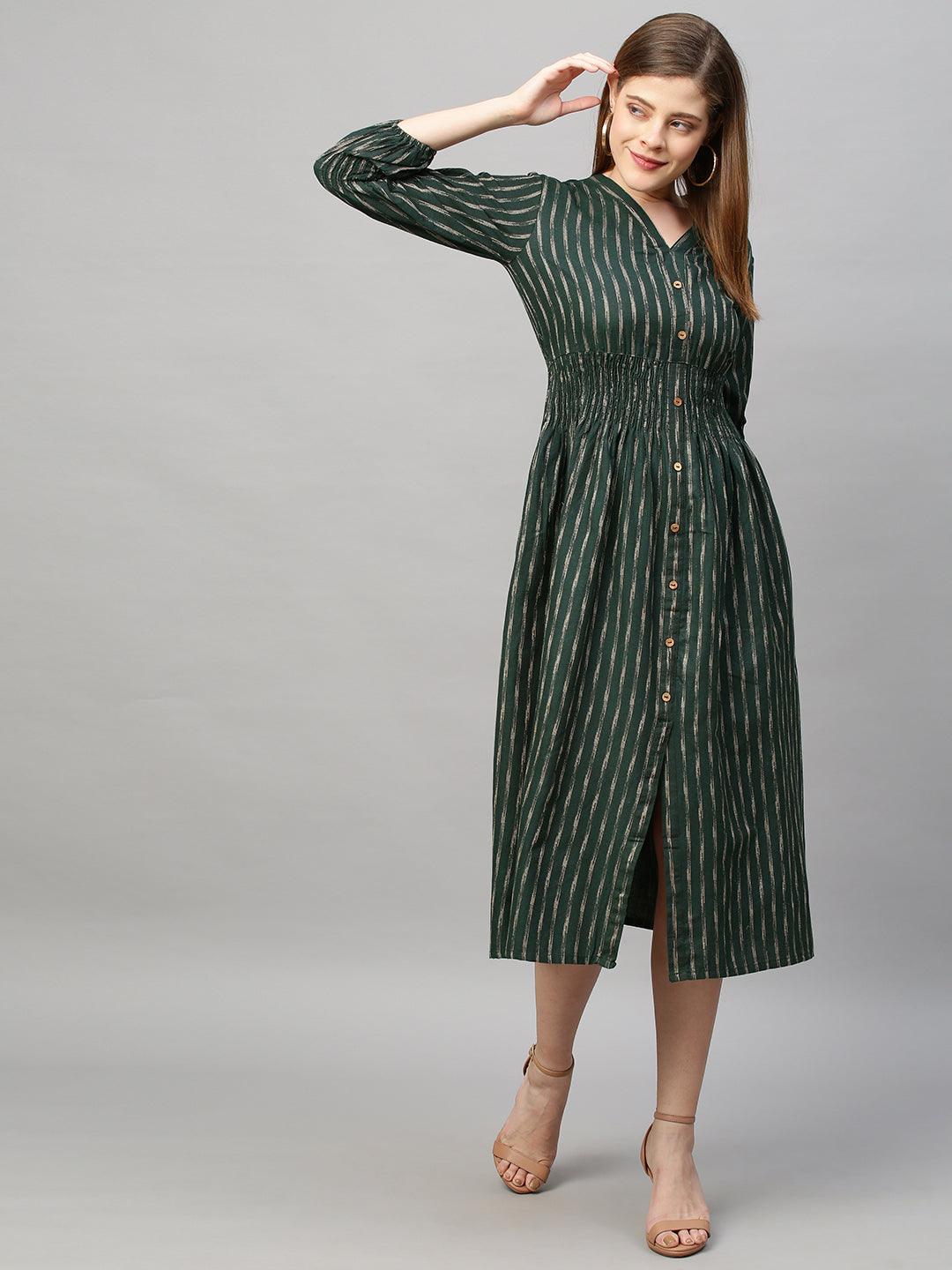 Woven Stripes A-Line Midi Dress - Dark Green - Indiakreations