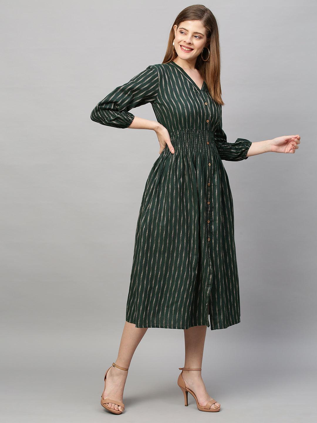 Woven Stripes A-Line Midi Dress - Dark Green - Indiakreations