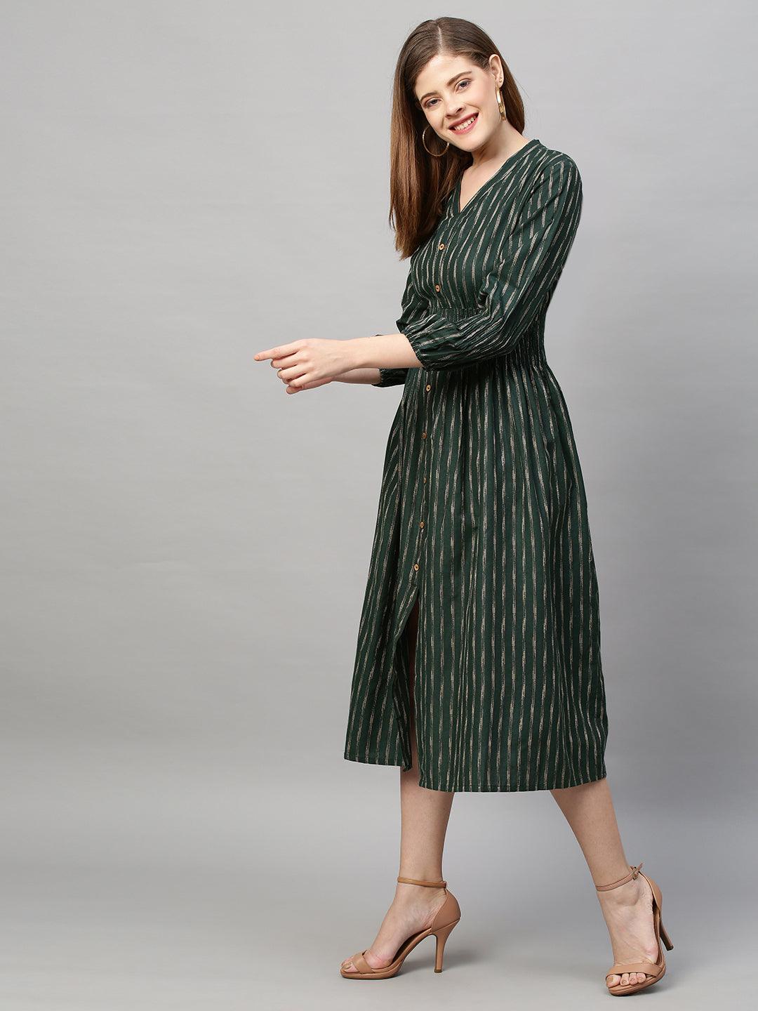 Woven Stripes A-Line Midi Dress - Dark Green - Indiakreations