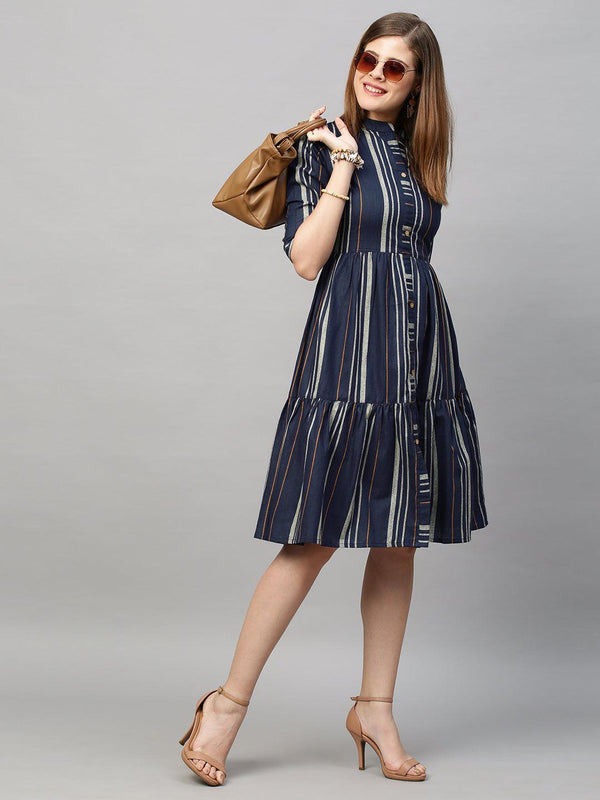 Woven Stripes A-Line Midi Dress - Navy Blue - Indiakreations