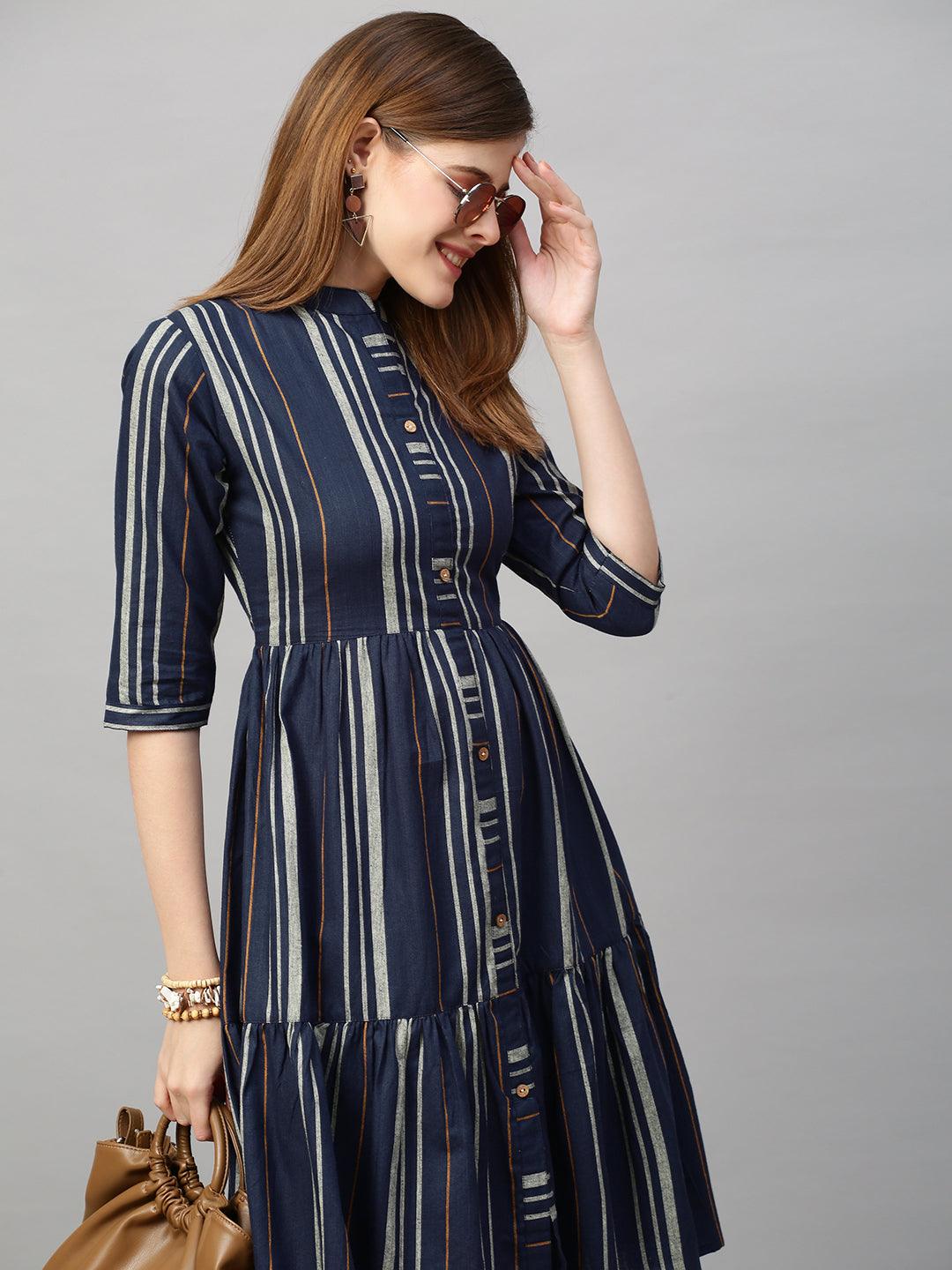 Woven Stripes A-Line Midi Dress - Navy Blue - Indiakreations