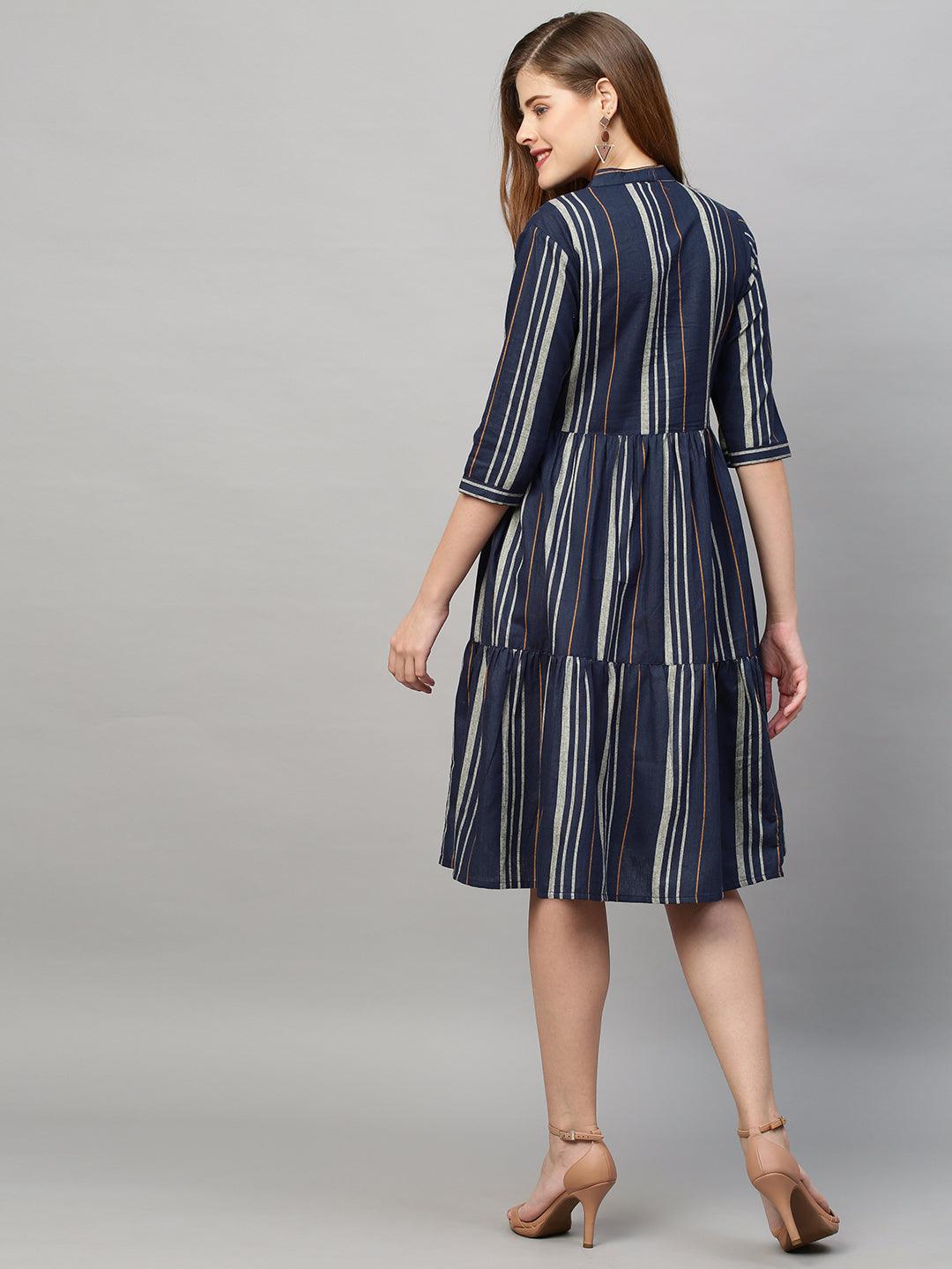 Woven Stripes A-Line Midi Dress - Navy Blue - Indiakreations