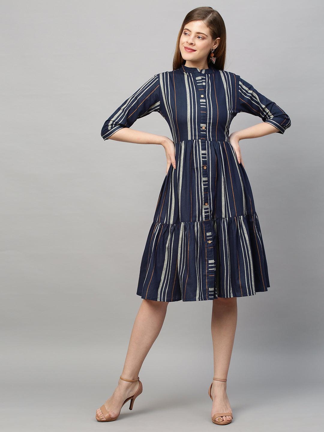 Woven Stripes A-Line Midi Dress - Navy Blue - Indiakreations