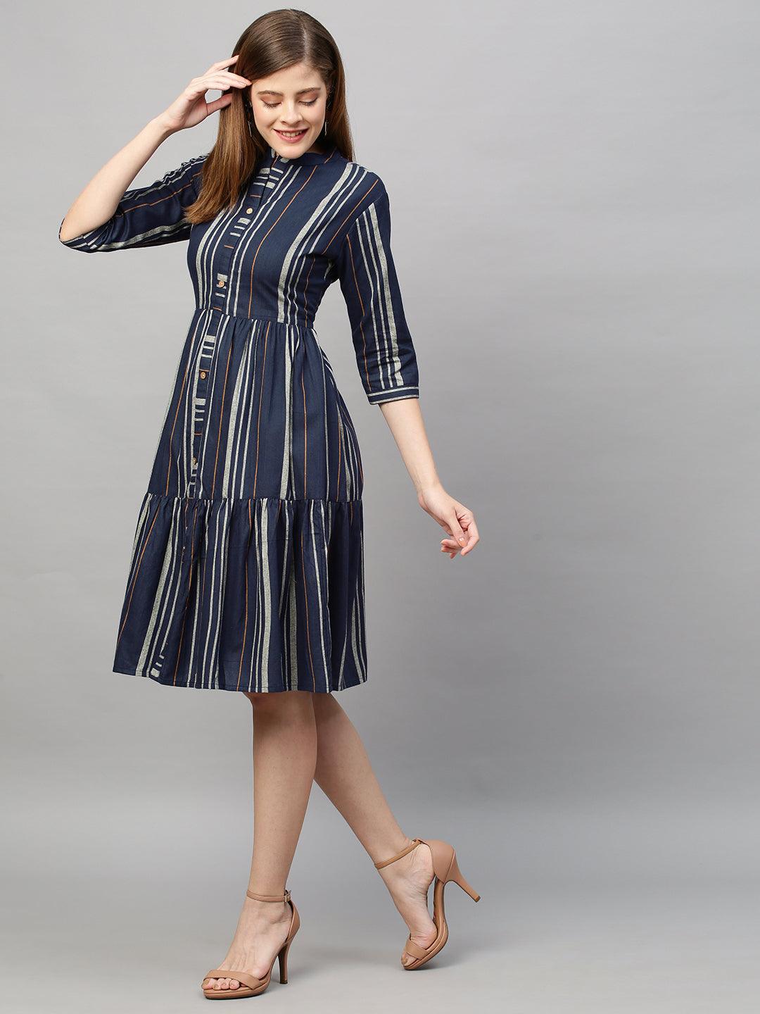 Woven Stripes A-Line Midi Dress - Navy Blue - Indiakreations