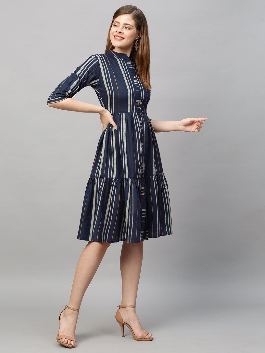 Woven Stripes A-Line Midi Dress - Navy Blue - Indiakreations