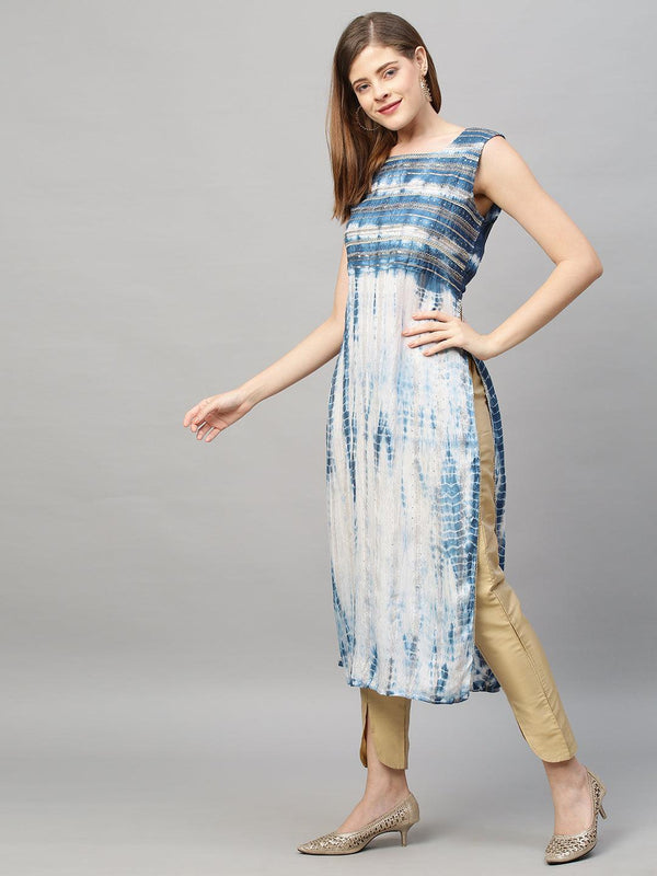 Tie-Dye Printed Lurex Striped & Embroidered Straight Fit Kurta - Indigo - Indiakreations