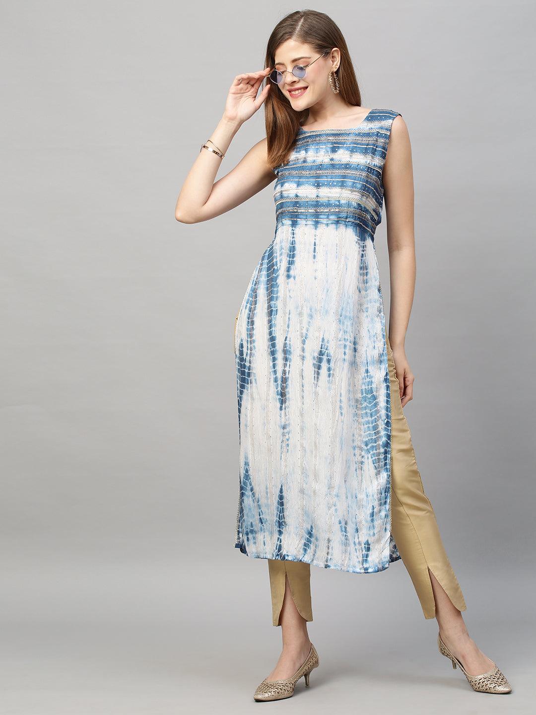 Tie-Dye Printed Lurex Striped & Embroidered Straight Fit Kurta - Indigo - Indiakreations