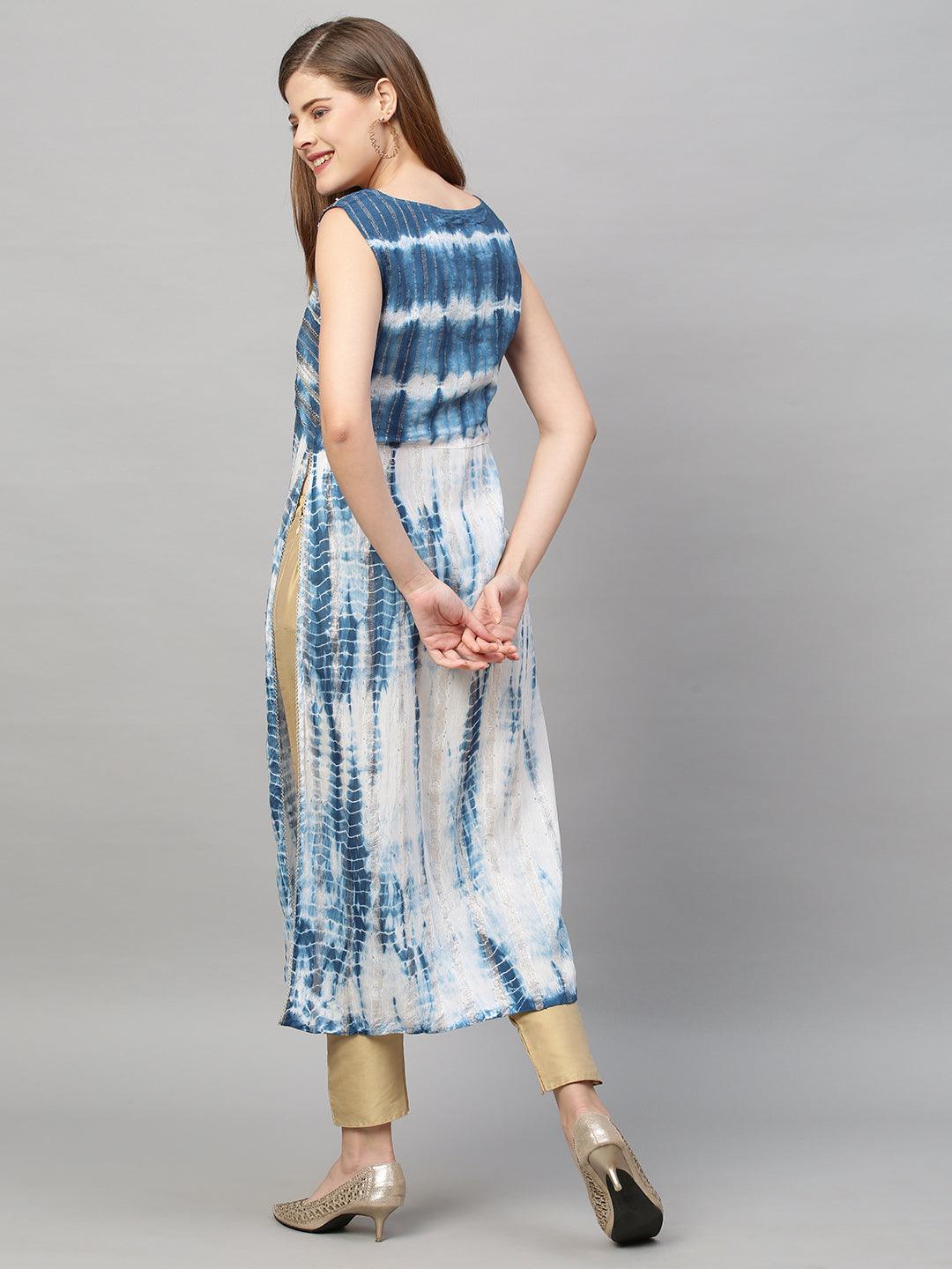 Tie-Dye Printed Lurex Striped & Embroidered Straight Fit Kurta - Indigo - Indiakreations