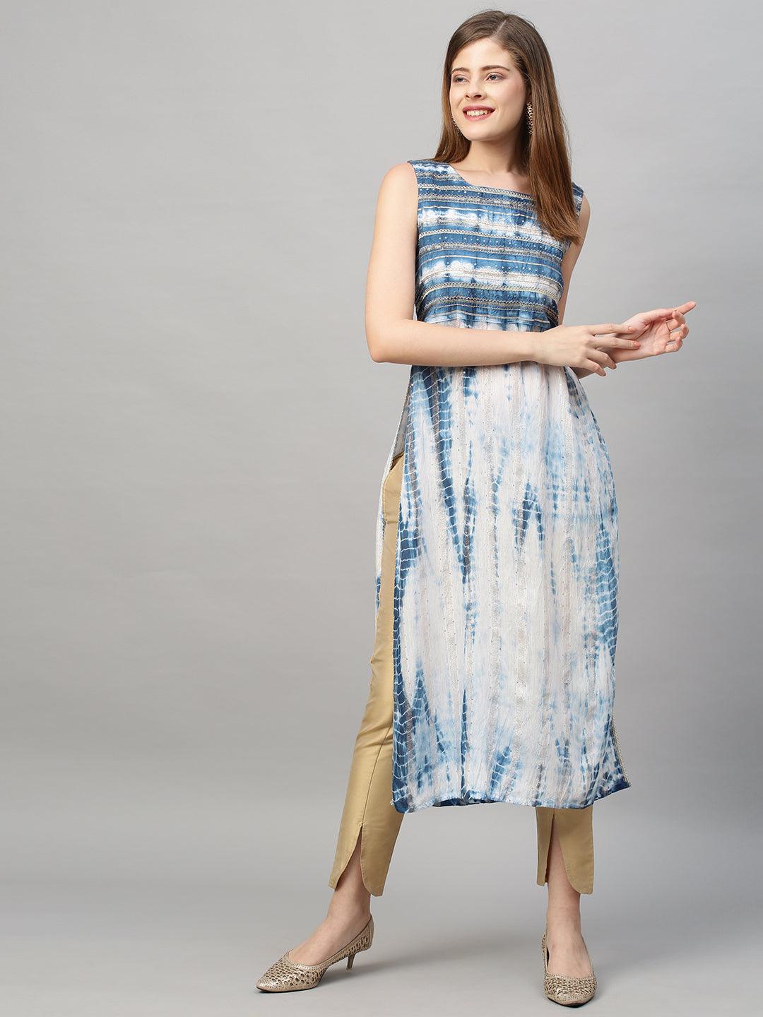 Tie-Dye Printed Lurex Striped & Embroidered Straight Fit Kurta - Indigo - Indiakreations