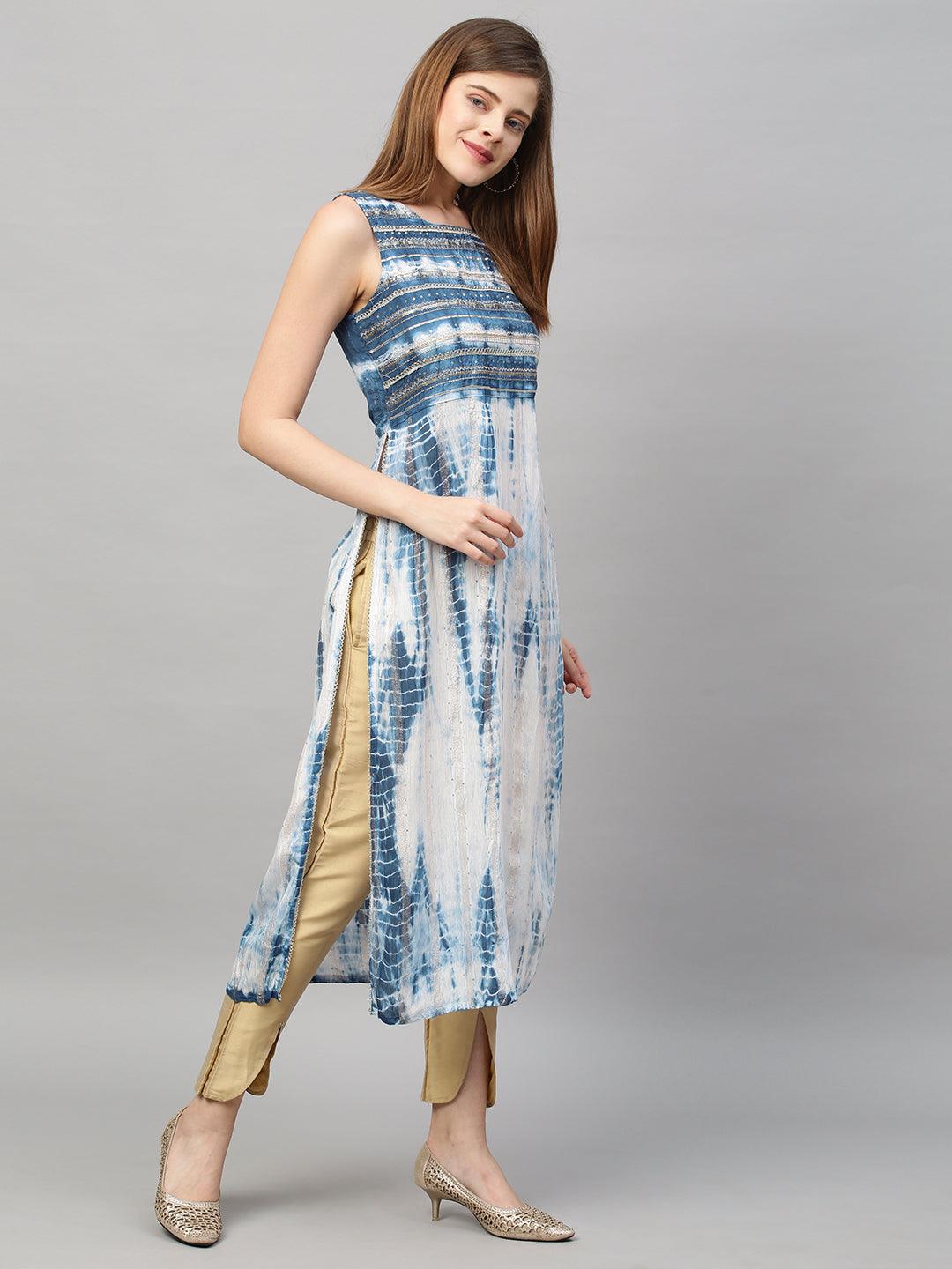 Tie-Dye Printed Lurex Striped & Embroidered Straight Fit Kurta - Indigo - Indiakreations