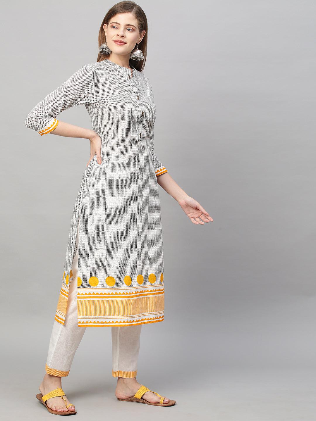 Polka Dot Printed Straight Fit Kurta with Pants - Gray - Indiakreations