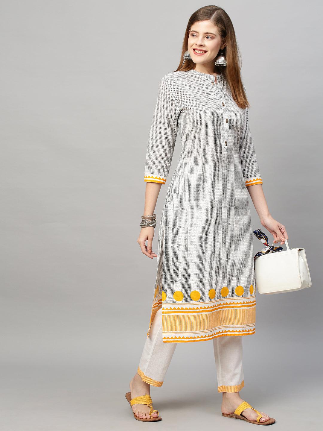 Polka Dot Printed Straight Fit Kurta with Pants - Gray - Indiakreations