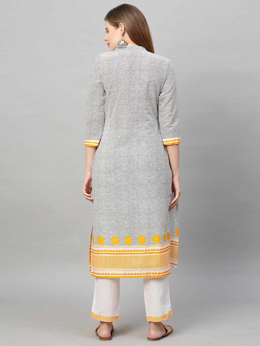 Polka Dot Printed Straight Fit Kurta with Pants - Gray - Indiakreations