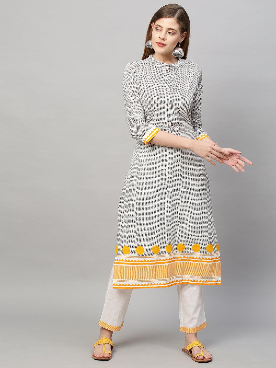 Polka Dot Printed Straight Fit Kurta with Pants - Gray - Indiakreations