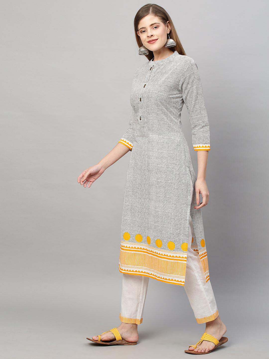 Polka Dot Printed Straight Fit Kurta with Pants - Gray - Indiakreations